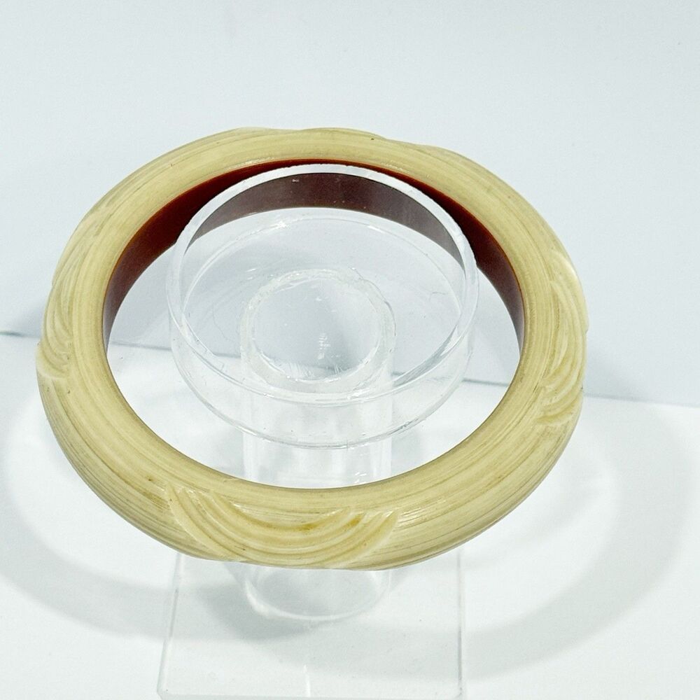 Vintage Carved Cream & Brown Bangle Bracelet Retro Bakelite Style Inner Dia - Picture 9 of 13